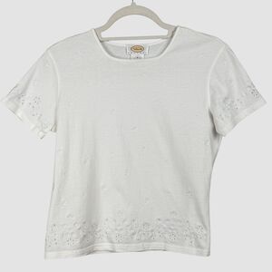 Talbots Petites White Embroidered Eyelet Floral Tee Petite P